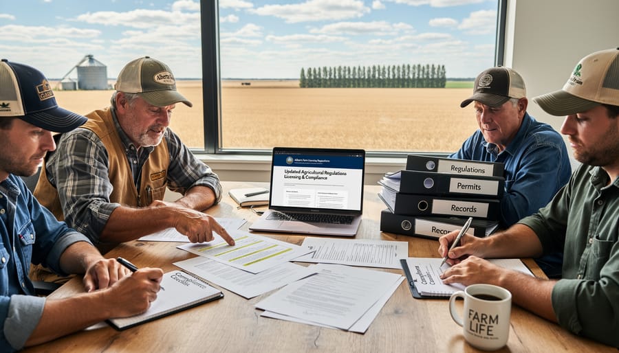 Alberta farmer reviewing documents while standing in wheat field