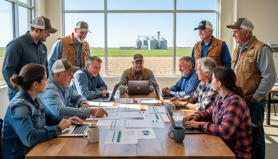 Two Alberta farmers having conversation in farmyard near pickup truck