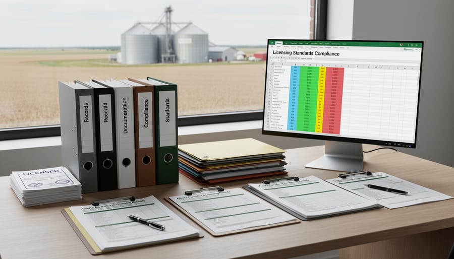 Organized farm office workspace with record books and filing system
