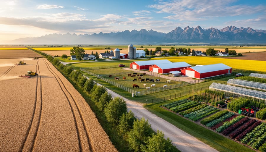 Diverse Alberta agricultural landscape showing grain fields, cattle pastures, and specialty crop operations