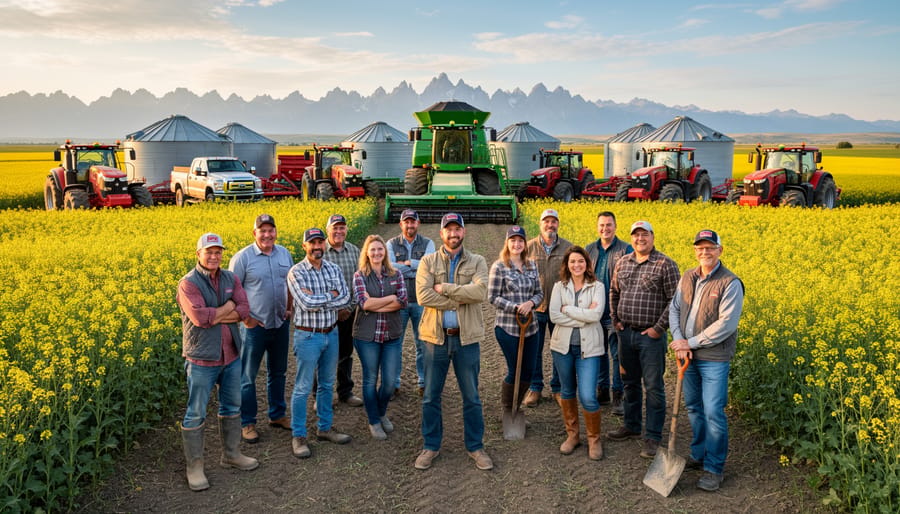 Group of Alberta farmers gathered in wheat field during harvest discussing farming practices