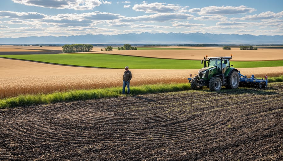 Farmer's hands holding rich prairie soil with Alberta farmland in background