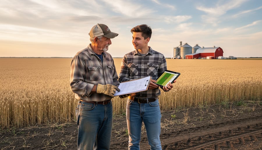 Young and experienced farmers reviewing agricultural technology together in field