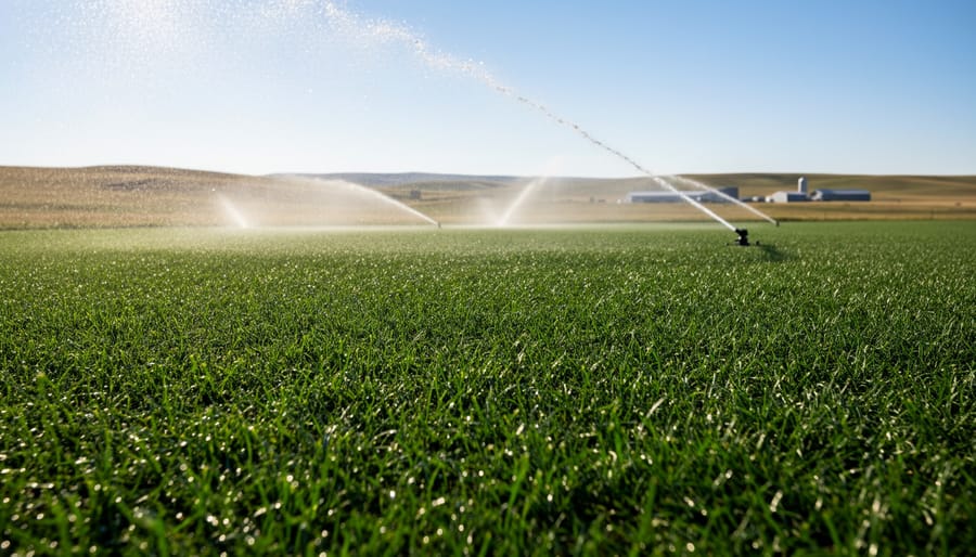 Dense bluegrass turf with a sprinkler system in the background, showing healthy irrigation coverage.