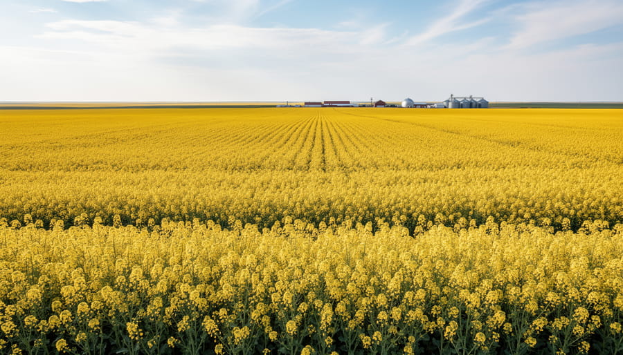 Wide view of an Alberta canola field with uniform rows stretching to the horizon