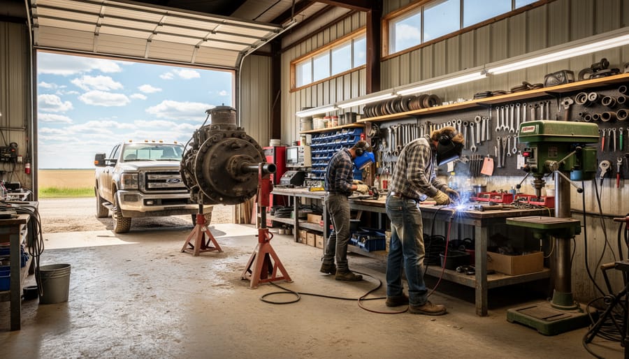 Farm workshop workbench with a MIG welder, welding helmet, tools, and a disassembled tractor component