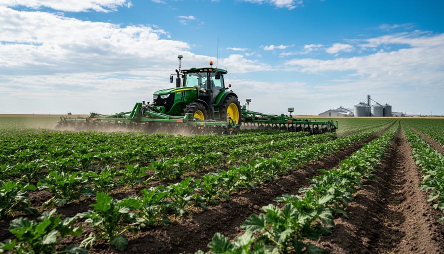 Tractor driving through an Alberta crop field with rows of wheat-like plants