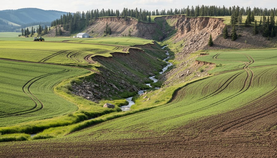 Wide view of an Alberta hillside farm field with visible erosion control and elevated terrain