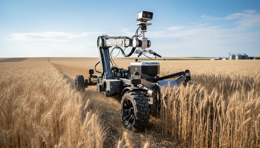 Autonomous robotic platform working in an Alberta grain field among standing wheat.