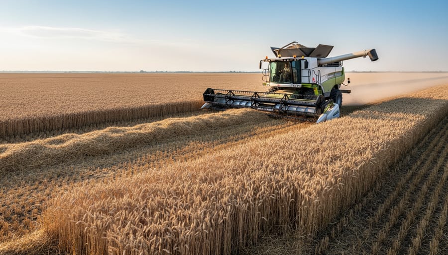 Combine harvester beside wheat stubble in an Alberta field at golden hour