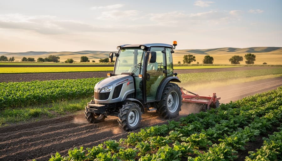 Compact tractor with front loader parked next to vegetable plots on an Alberta farm.