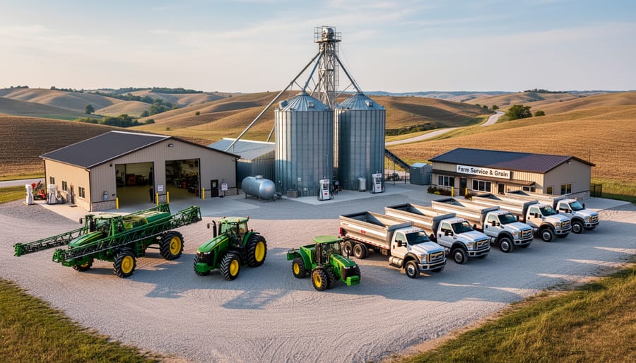 Rural grain elevator and farm service buildings with a loading area in the background