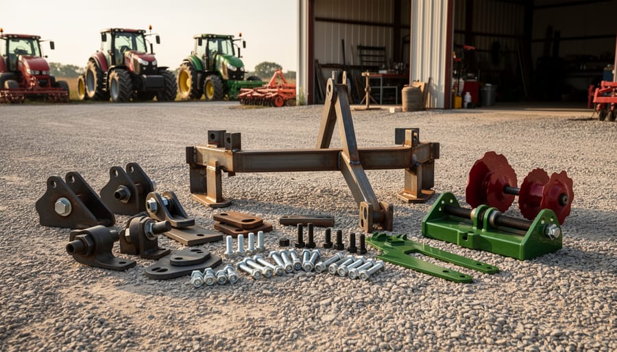 Newly welded steel farm attachment parts resting near a rural barn with weld beads visible