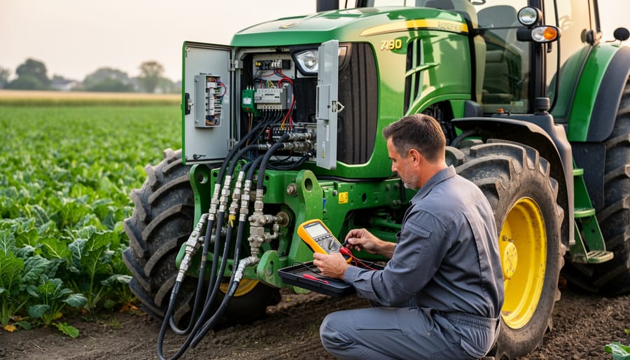 Farmer crouched beside a tractor with open hood, inspecting hydraulic lines and electrical connectors