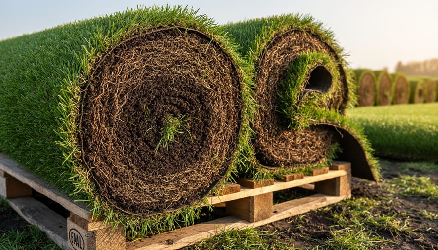 Fresh green sod rolls stacked on a commercial turf farm with visible root mat texture.
