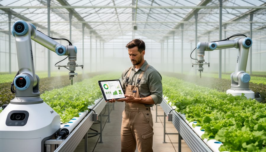 Farmer holding a rugged tablet next to a greenhouse scouting robot beside young leafy greens.
