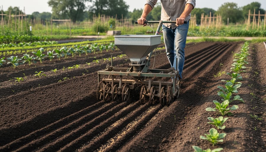 Close-up of a farmer’s hands adjusting a small seeding implement on a planted crop row.
