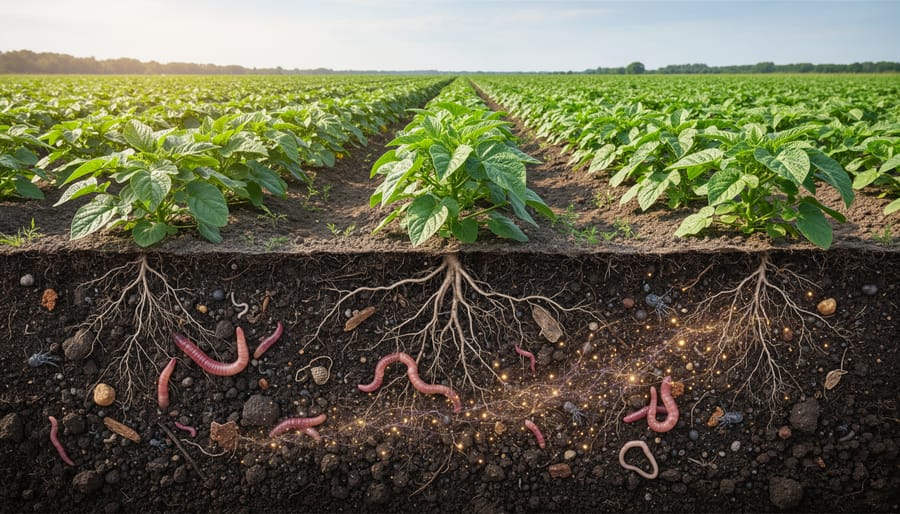 Macro view of healthy soil with earthworm casts and visible plant roots