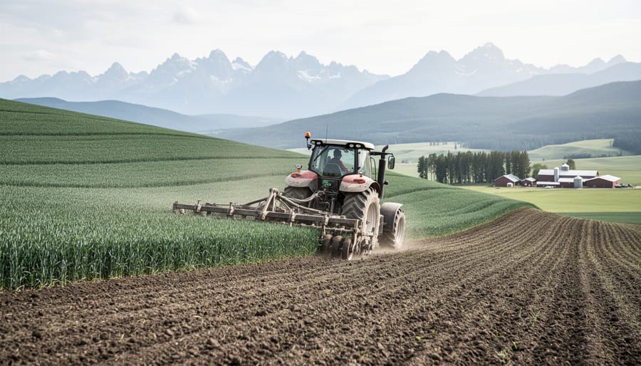 Tractor working contour crop rows on sloped high-elevation farmland in Alberta, with foothills and mountains in the background