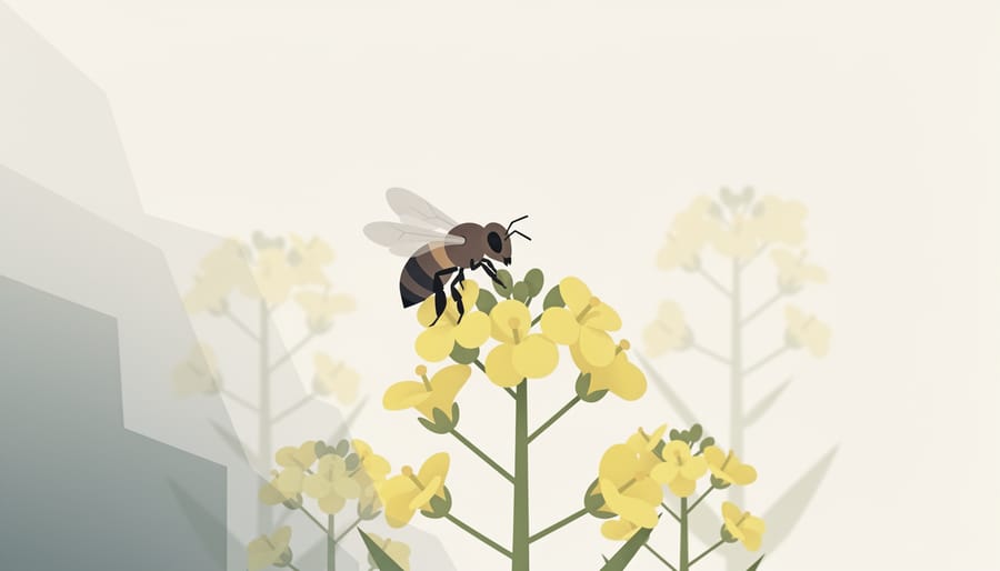 Honeybee on a yellow canola blossom in a field