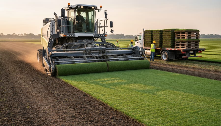 Modern sod harvester machine cutting turf in a field with irrigation lines in the background.