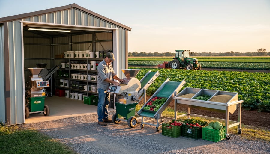 Small harvesting and washing setup at a farm with equipment unloading produce into a processing area.