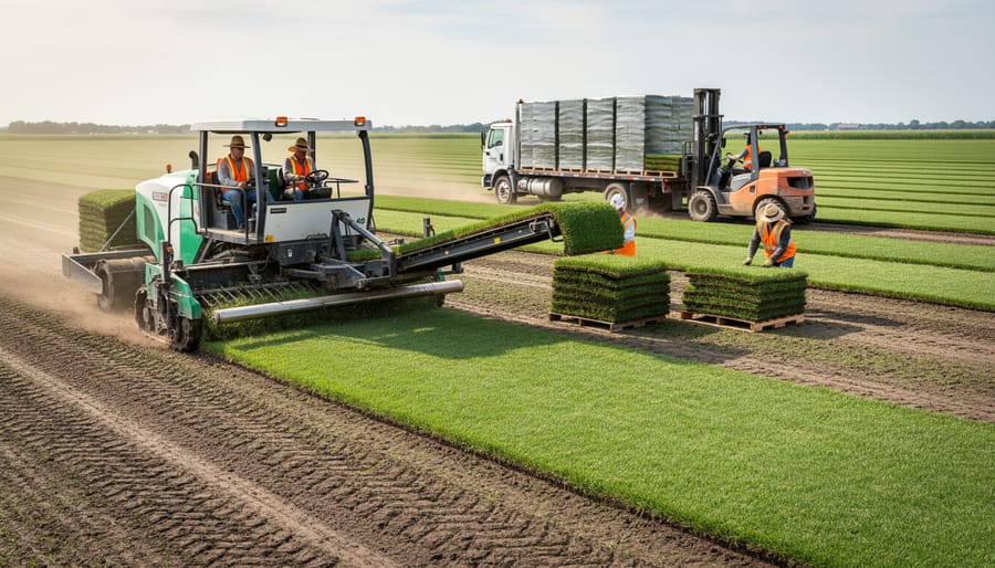 Workers loading freshly cut sod onto a flatbed truck during golden hour.