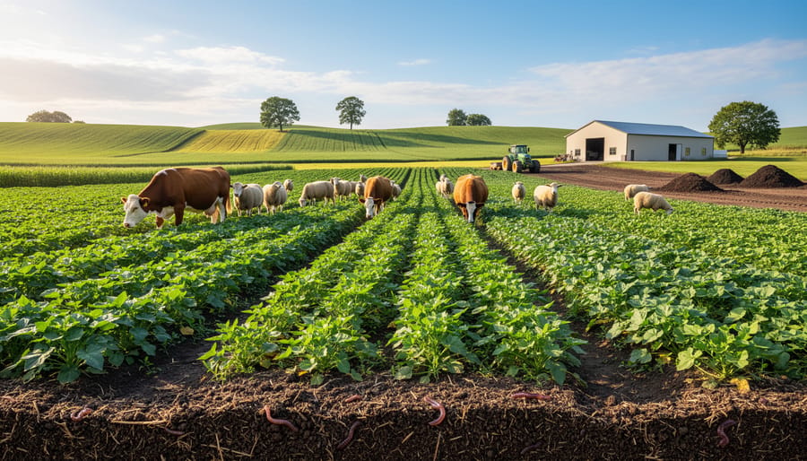 Cattle grazing in a diverse crop field landscape under natural daylight