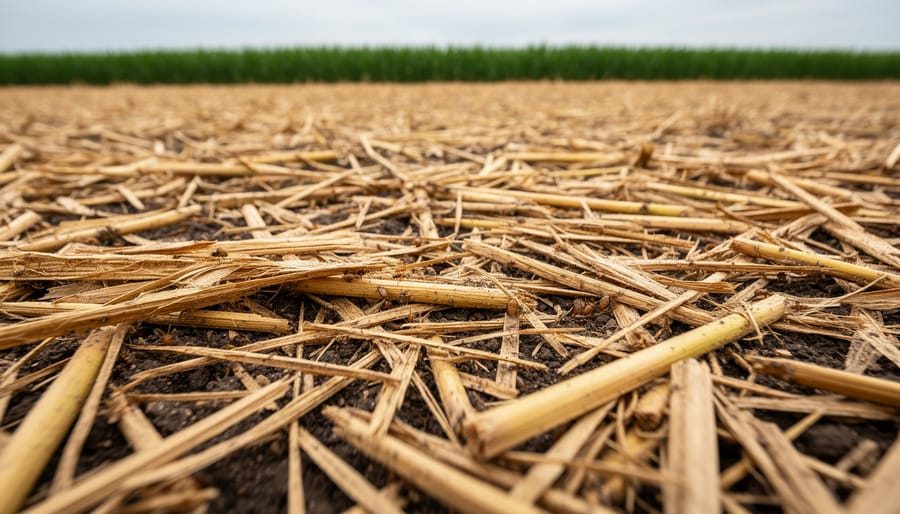 Close-up of dark soil with crop residue on the surface and small organic matter details