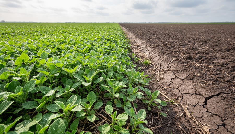 Cover crops with dense green growth along a field edge in golden hour sunlight