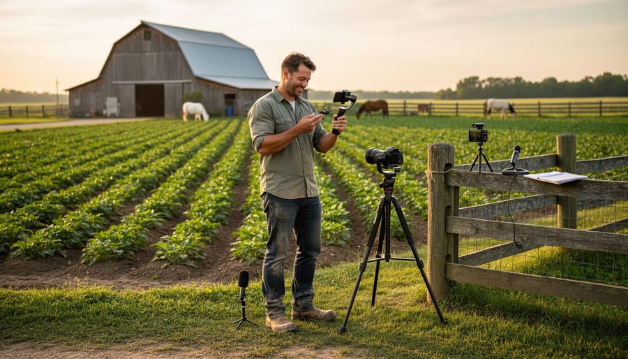 Farmer’s hands adjusting a camera while a smartphone displays a paused video thumbnail on a farm desk