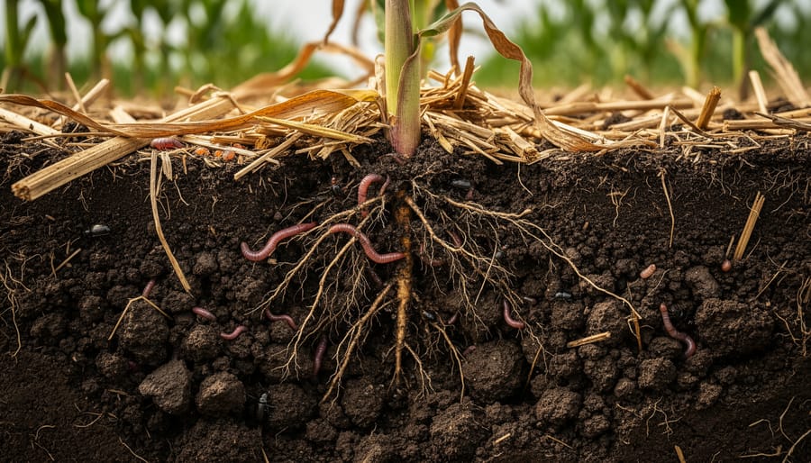 Macro view of dark, crumbly no-till soil with visible roots and healthy soil texture.