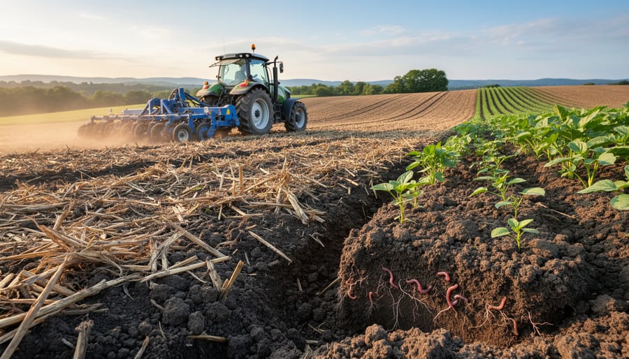 No-till drill seeding a grain field in Alberta with the equipment close to the camera and soil residue visible