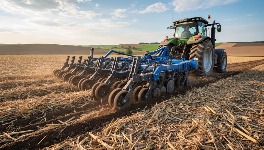 No-till seed drill running across a prairie field with residue-covered soil in Alberta.