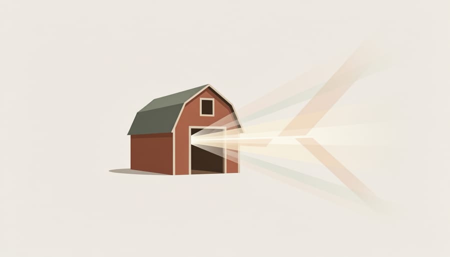 Sunlight spilling from an open barn door onto film strips and a blank frame stack on a dusty path