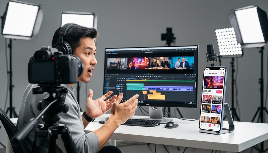 Video creator in a studio with a microphone and a monitor showing a moving scene without readable text