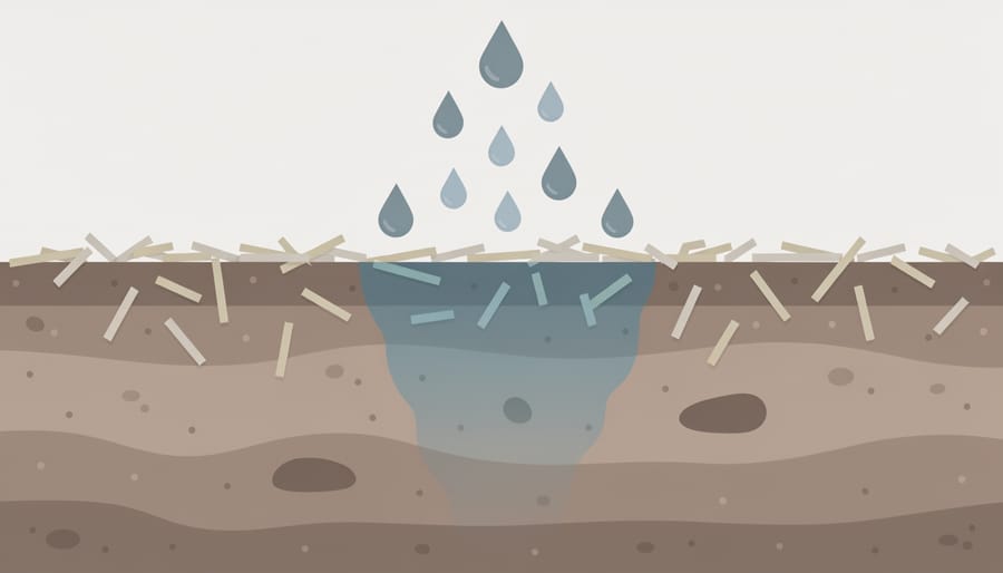 Water soaking into dark no-till soil with residue, showing wetting patterns in the field.