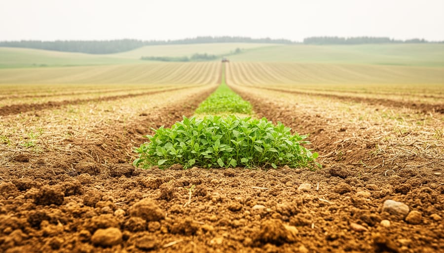 Healthy agricultural soil with emerging green cover crops in an Alberta prairie field, viewed from ground level with distant farm tracks under overcast light.