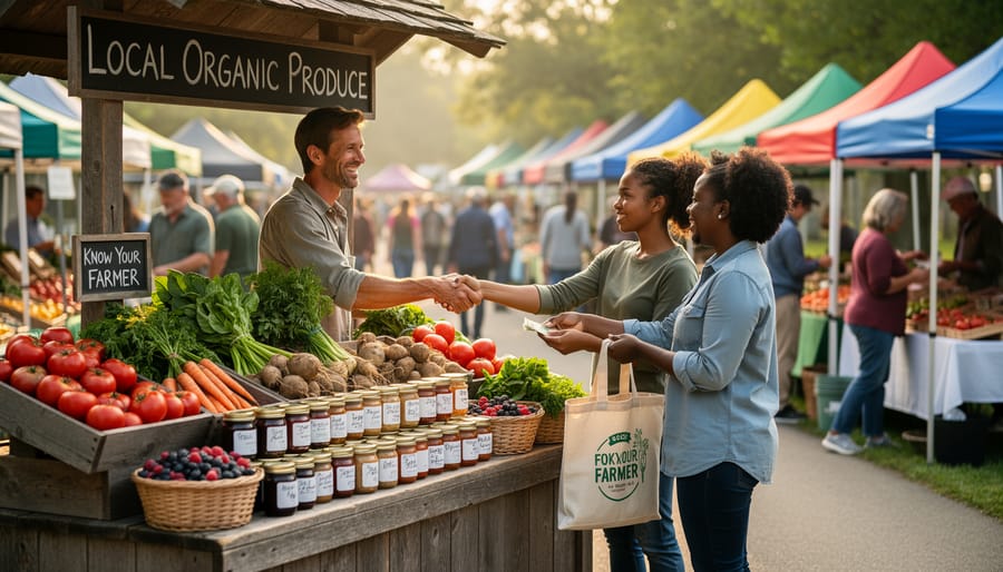 A farmer hands a jar of honey to a customer at an Alberta farmers market stall.