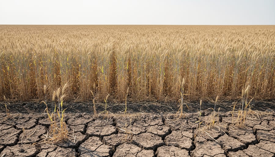 Dry stressed soil patch in a large uniform wheat field in Alberta.