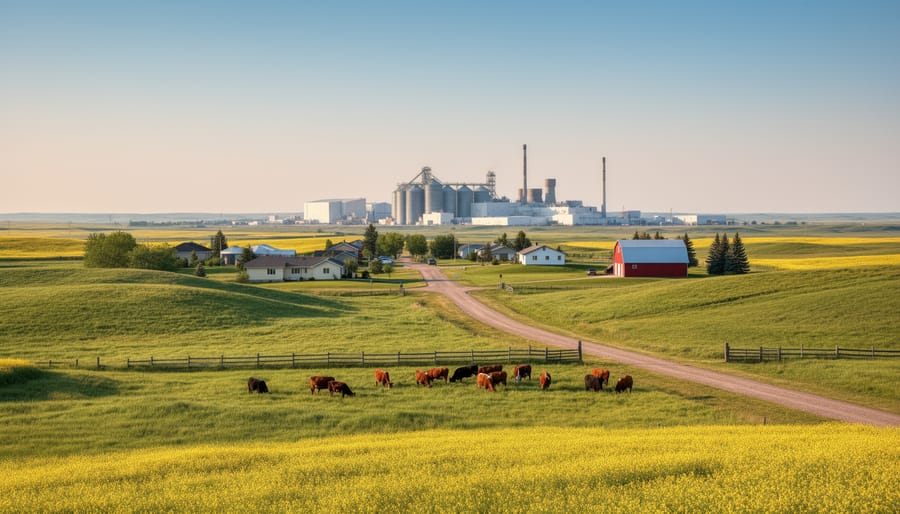 Pasture landscape at sunrise with distant industrial facility silhouette