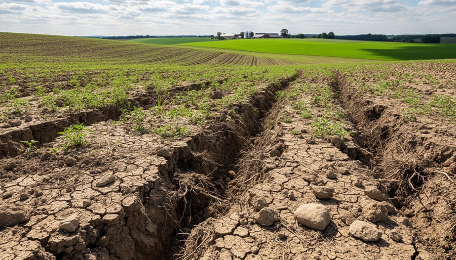 Eroded prairie soil with visible rills in an Alberta crop field