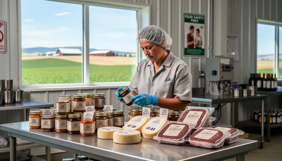 A person portions artisan cheese or cured meat in a small farm processing room on a stainless table.