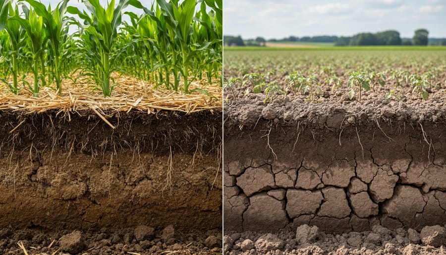 Excavated soil profile showing compacted layers and limited root growth.