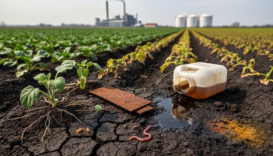 Close view of cracked farm soil with small sprouts and earth life, suggesting vulnerable soil health in rural farmland.