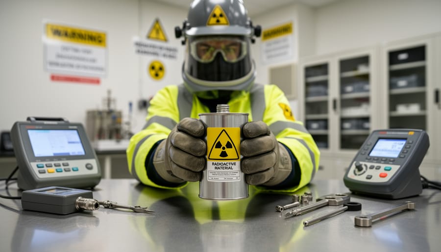 Gloved hands holding a small sealed metal canister in a laboratory setting