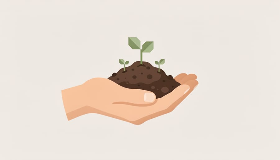 Hand holding dark crumbly soil with visible small roots in a macro close-up