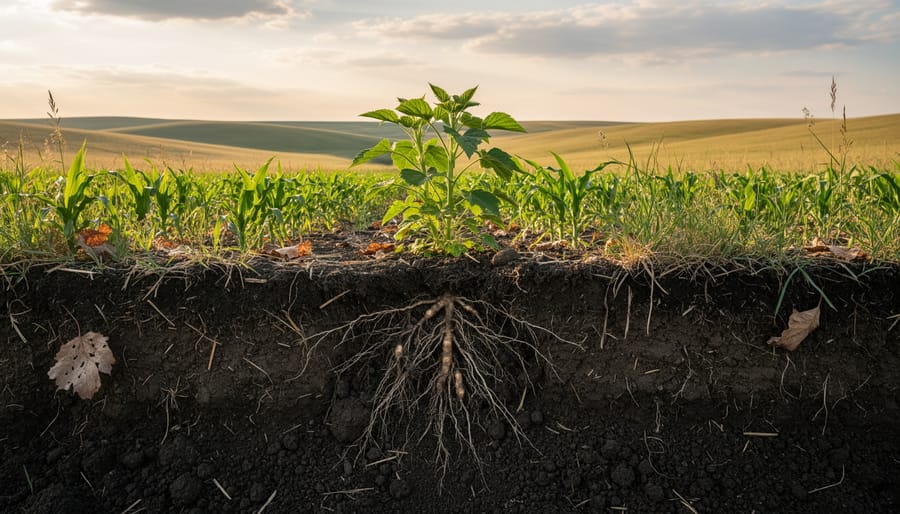 Ground-level view of dark, healthy soil with visible roots and green seedlings in an Alberta prairie field