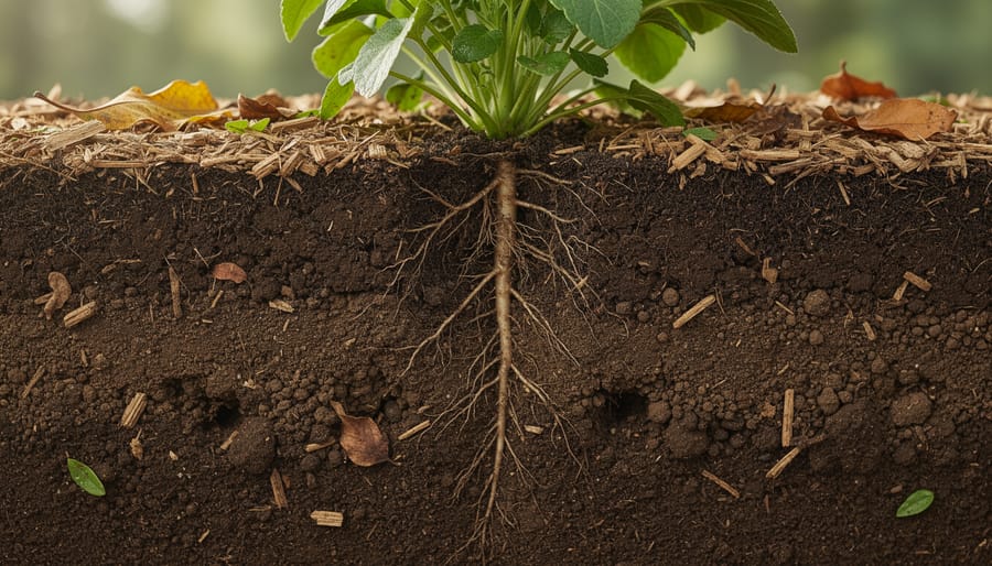 Close-up of rich dark agricultural soil with visible soil aggregates and plant roots