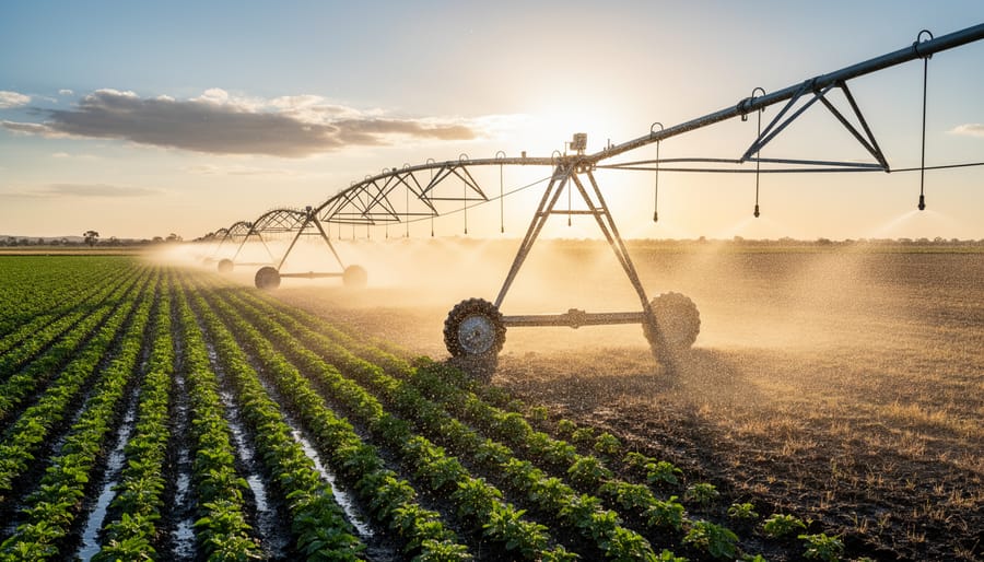Irrigation pivot spraying water over an Alberta crop field.